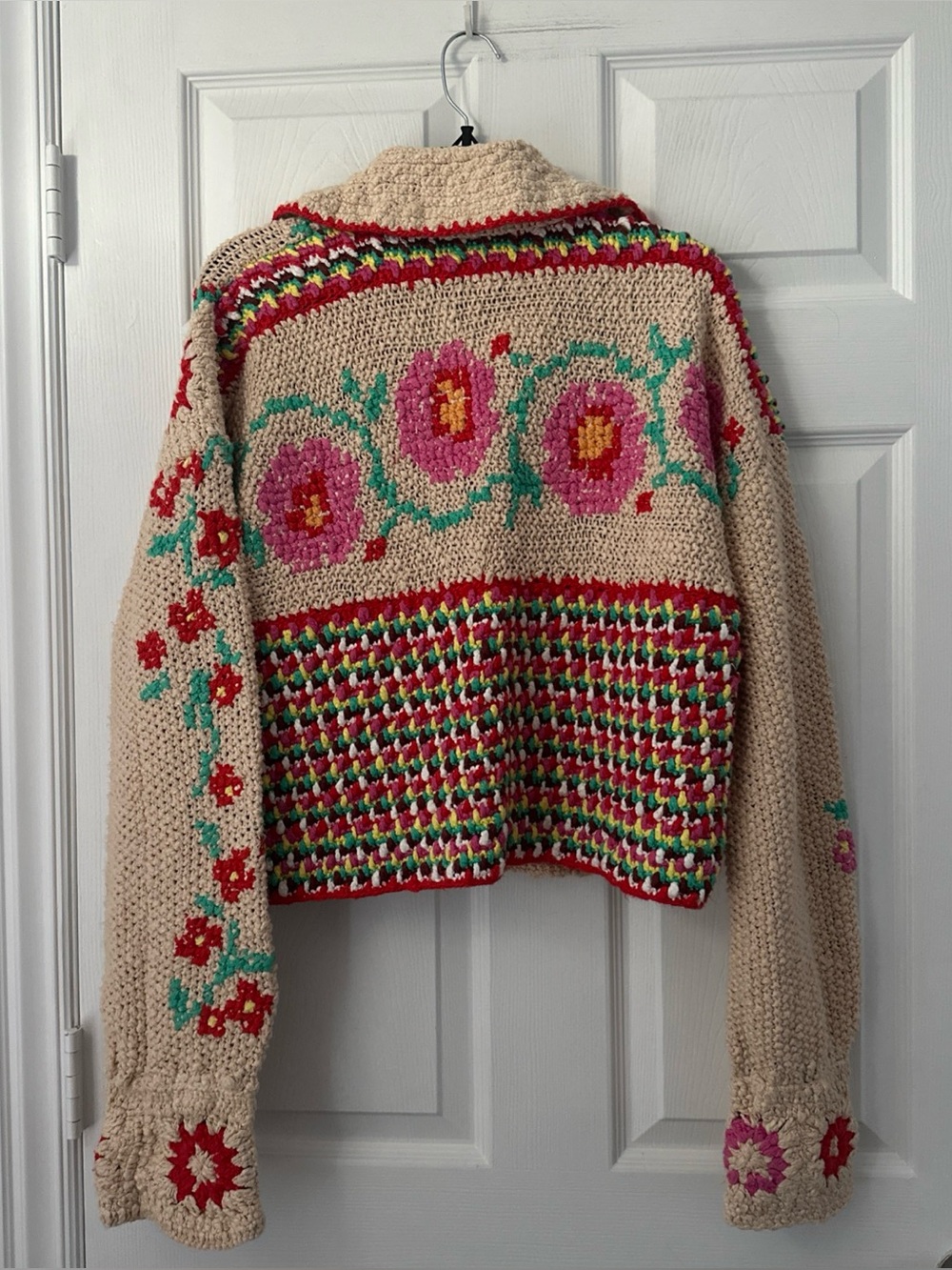 Free People Cream Crochet Floral Cardigan with Red, Pink & Teal Accents - Picture 7 of 11